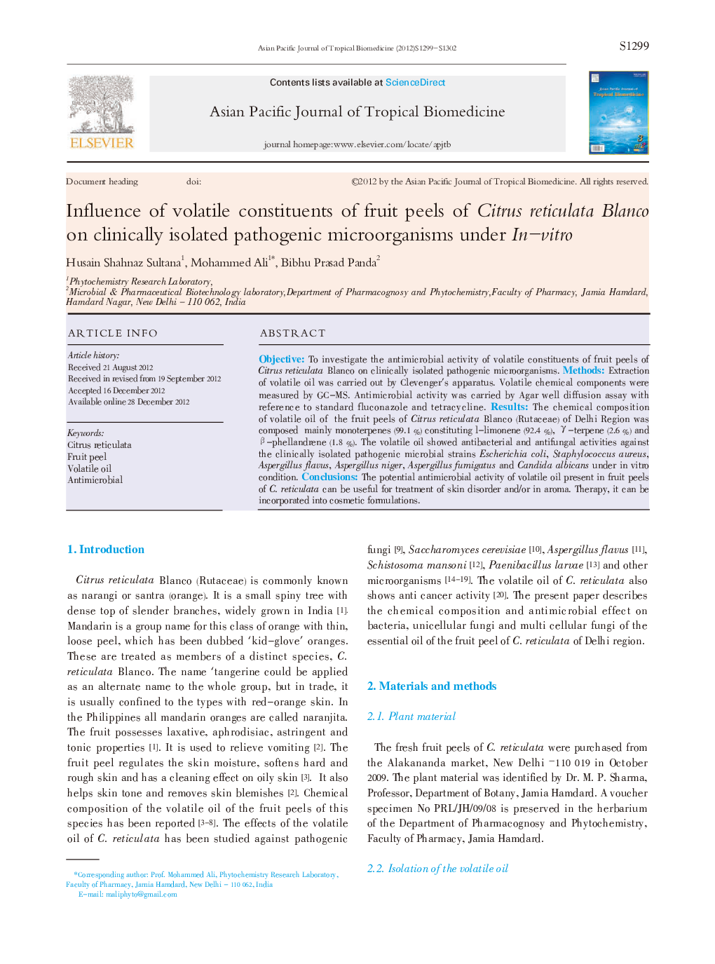 Influence of volatile constituents of fruit peels of Citrus reticulata Blanco on clinically isolated pathogenic microorganisms under In-vitro