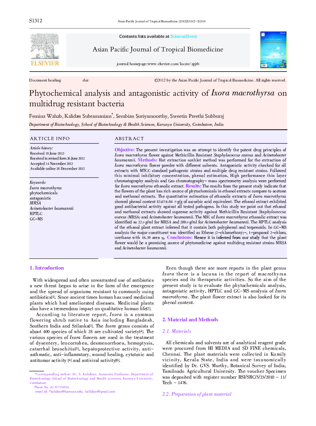 Phytochemical analysis and antagonistic activity of Ixora macrothyrsa on multidrug resistant bacteria