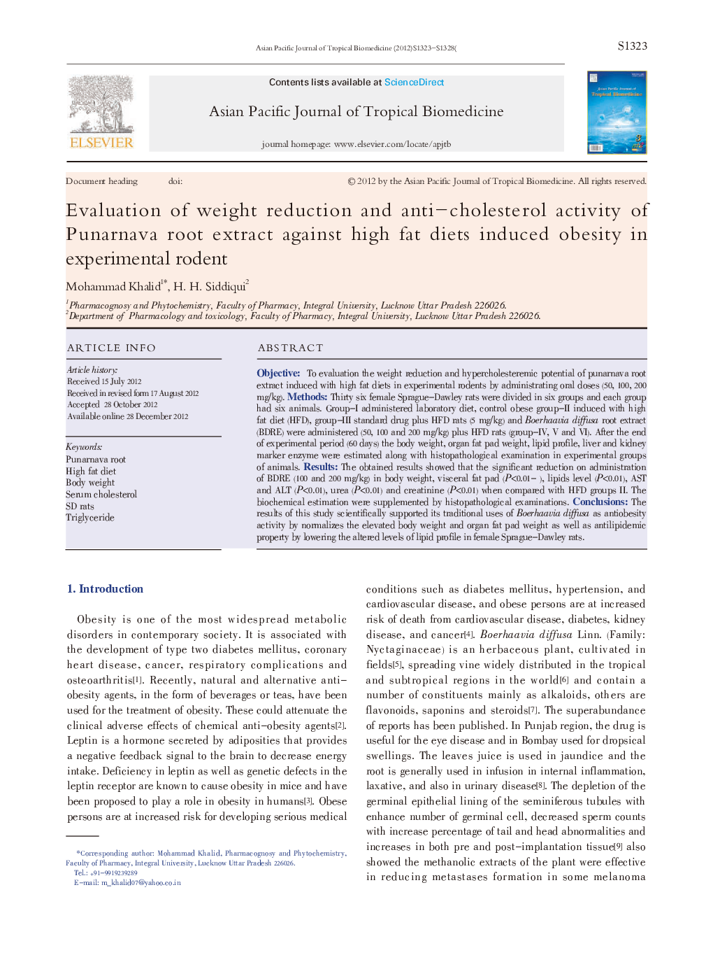 Evaluation of weight reduction and anti-cholesterol activity of Punarnava root extract against high fat diets induced obesity in experimental rodent