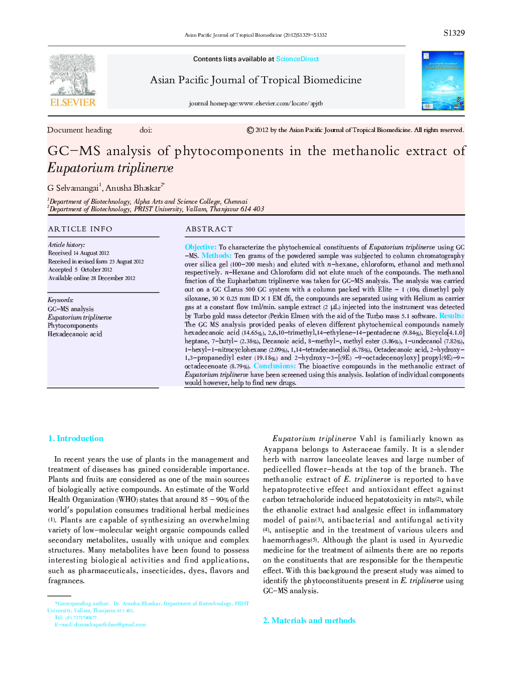 GC-MS analysis of phytocomponents in the methanolic extract of Eupatorium triplinerve