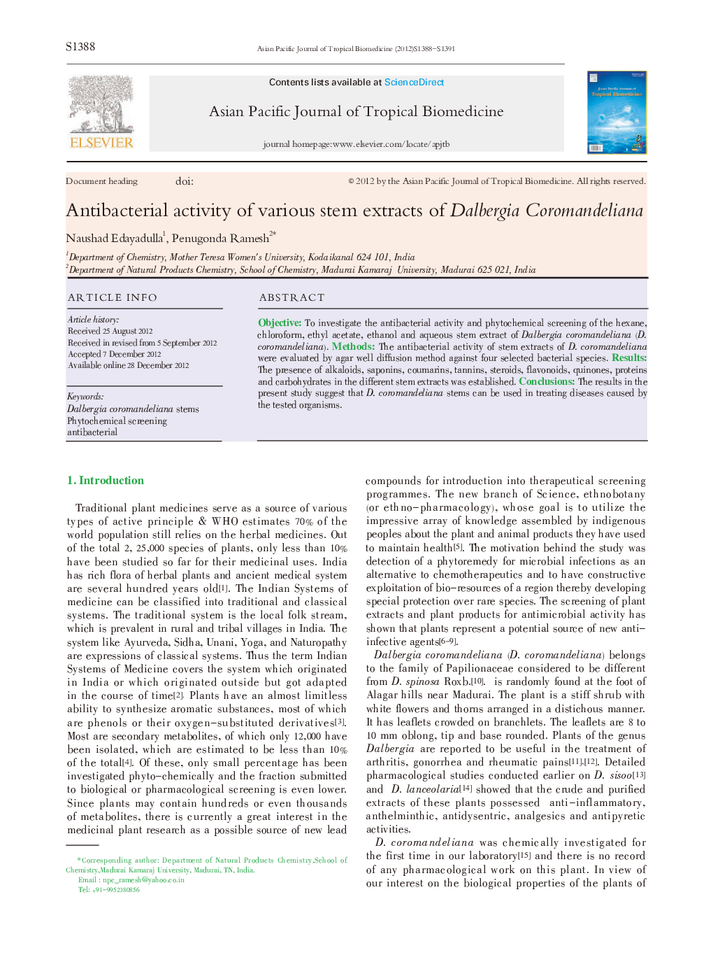 Antibacterial activity of various stem extracts of Dalbergia Coromandeliana