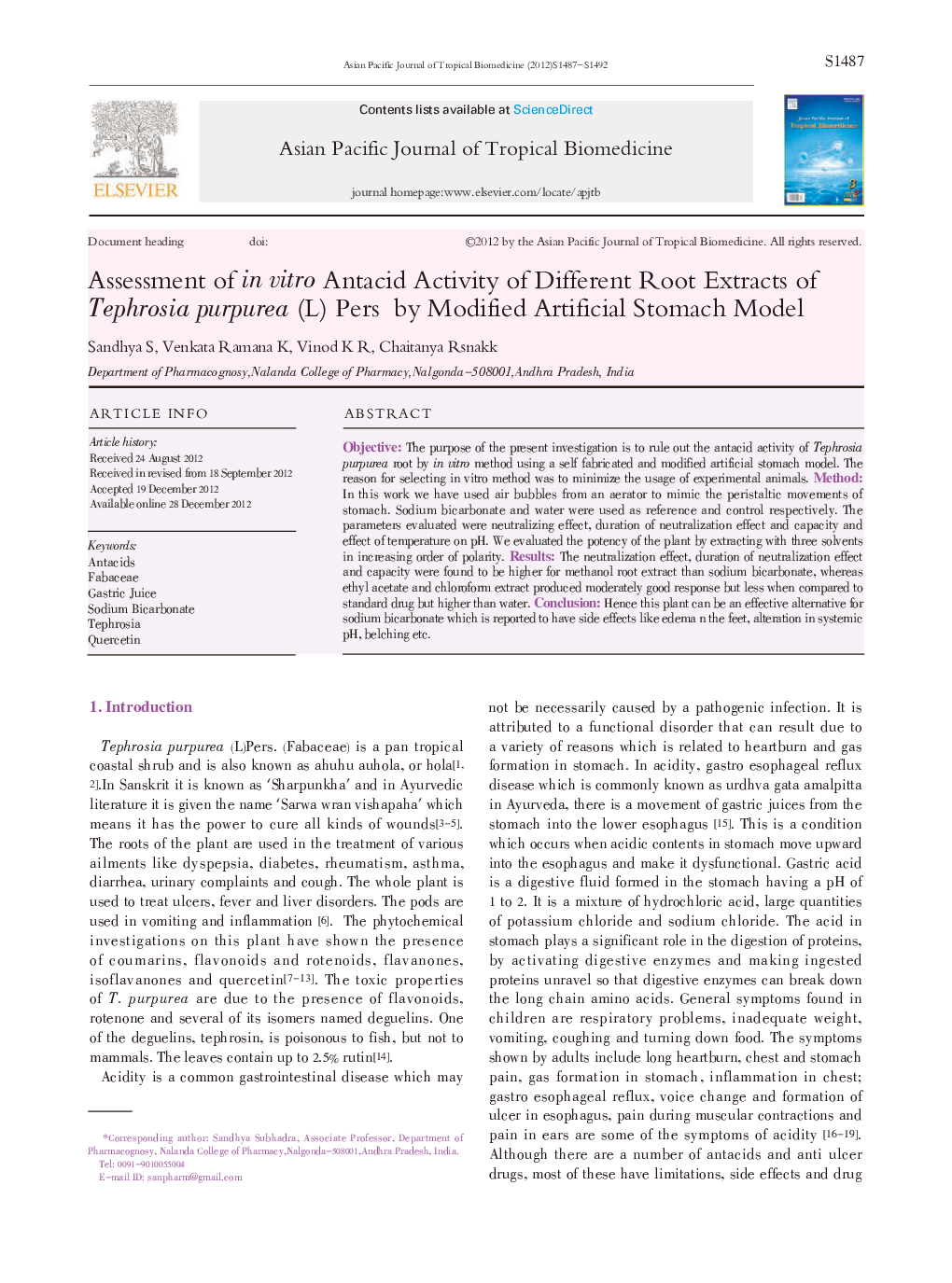 Assessment of in vitro Antacid Activity of Different Root Extracts of Tephrosia purpurea (L) Pers by Modified Artificial Stomach Model