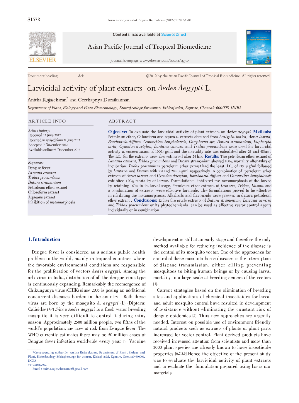 Larvicidal activity of plant extracts on Aedes Aegypti L