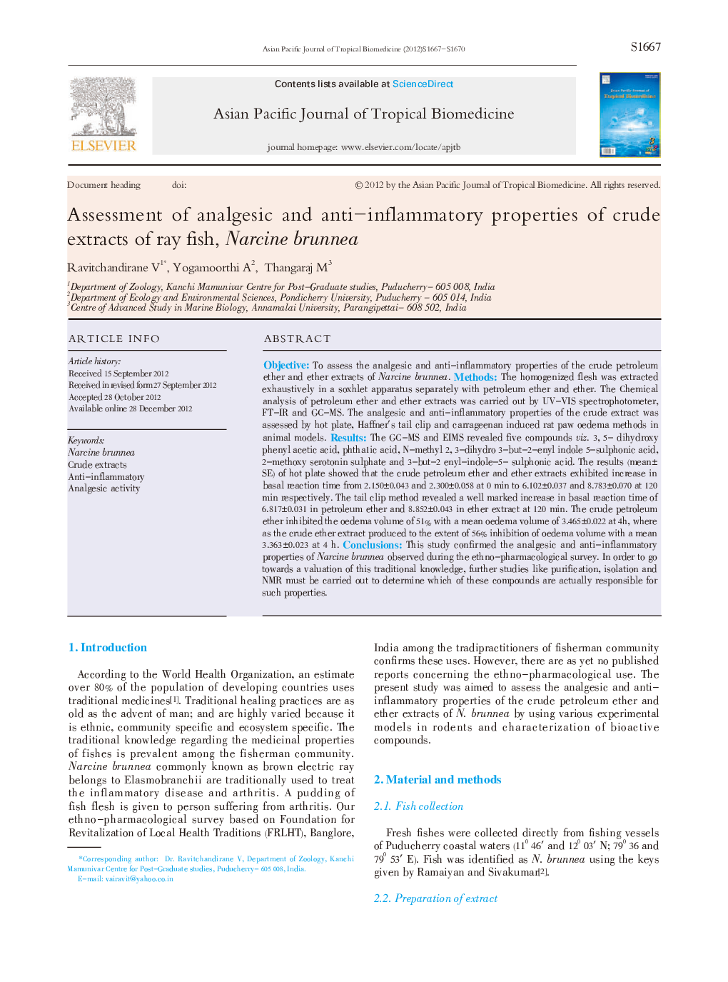 Assessment of analgesic and anti-inflammatory properties of crude extracts of ray fish, Narcine brunnea