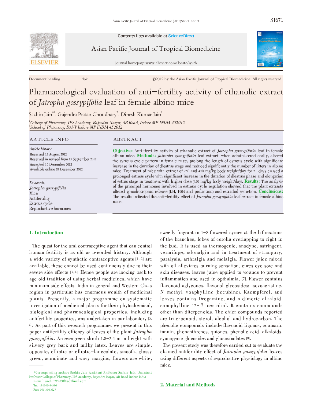 Pharmacological evaluation of anti-fertility activity of ethanolic extract of Jatropha gossypifolia leaf in female albino mice