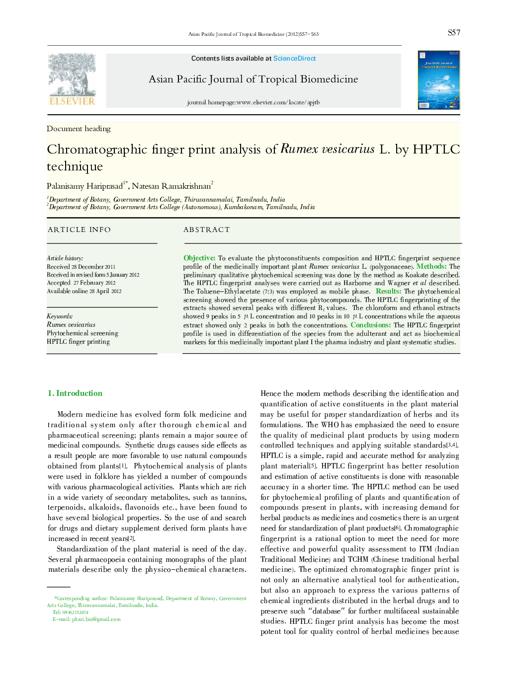 Chromatographic finger print analysis of Rumex vesicarius L. by HPTLC technique