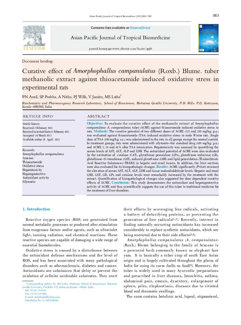 Curative effect of Amorphophallus campanulatus (Roxb.) Blume. tuber methanolic extract against thioacetamide induced oxidative stress in experimental rats