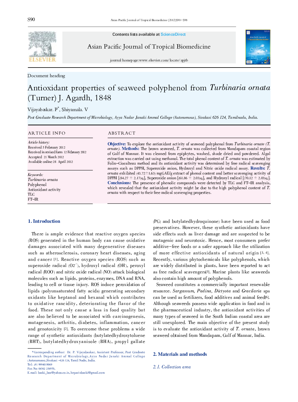 Antioxidant properties of seaweed polyphenol from Turbinaria ornata (Turner) J. Agardh, 1848