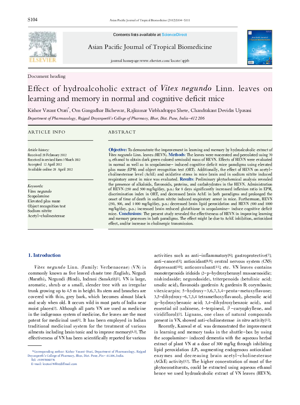 Effect of hydroalcoholic extract of Vitex negundo Linn. leaves on learning and memory in normal and cognitive deficit mice