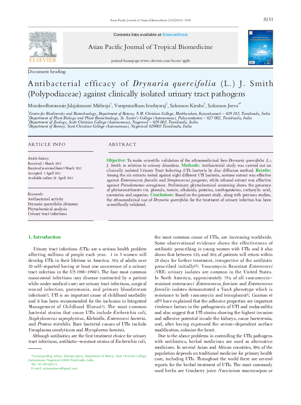 Antibacterial efficacy of Drynaria quercifolia (L.) J. Smith (Polypodiaceae) against clinically isolated urinary tract pathogens