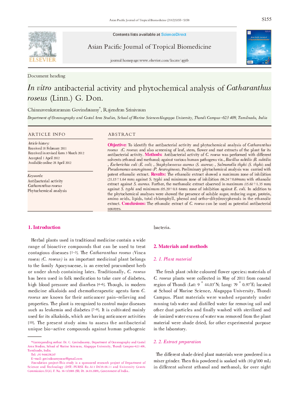 عکس صفحه اول مقاله: In vitro antibacterial activity and phytochemical analysis of Catharanthus roseus (Linn.) G. Don. In vitro antibacterial activity and phytochemical analysis of Catharanthus roseus (Linn.) G. Don.