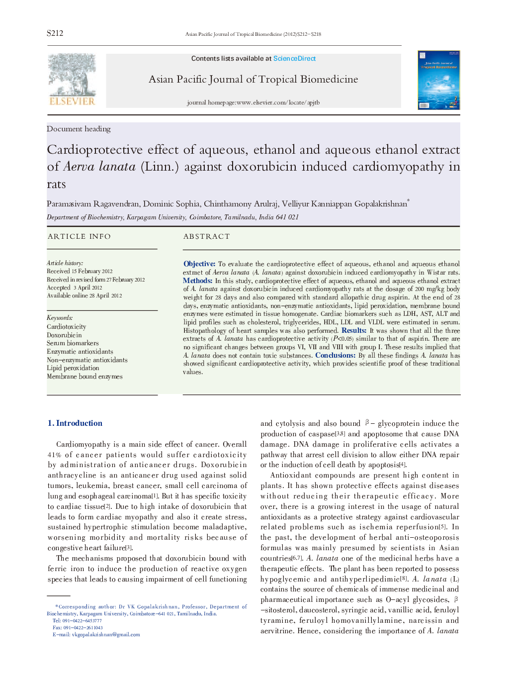 Cardioprotective effect of aqueous, ethanol and aqueous ethanol extract of Aerva lanata (Linn.) against doxorubicin induced cardiomyopathy in rats