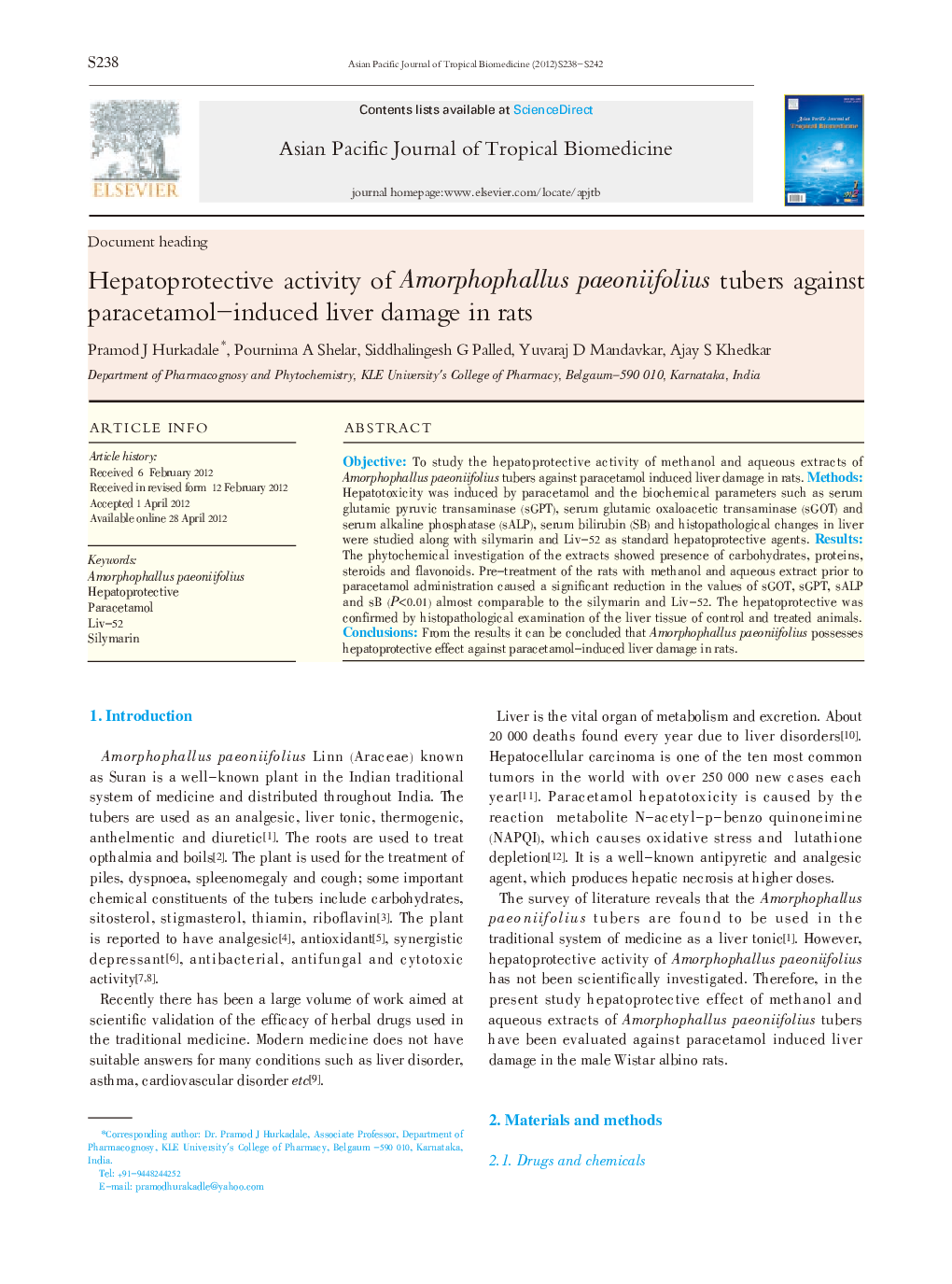 Hepatoprotective activity of Amorphophallus paeoniifolius tubers against paracetamol-induced liver damage in rats