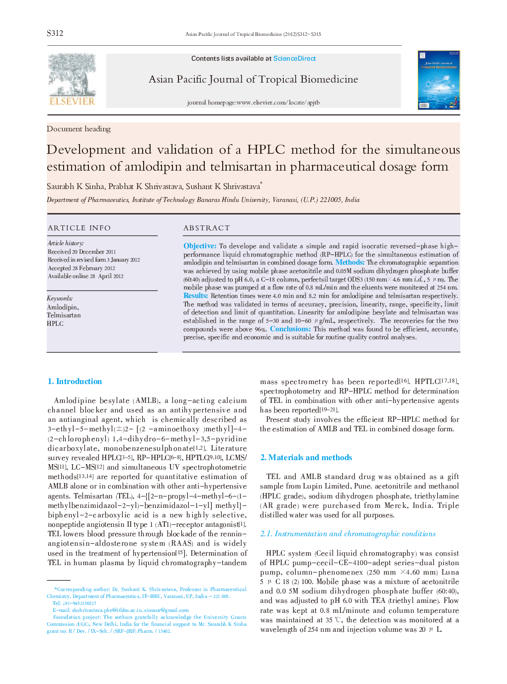 Development and validation of a HPLC method for the simultaneous estimation of amlodipin and telmisartan in pharmaceutical dosage form