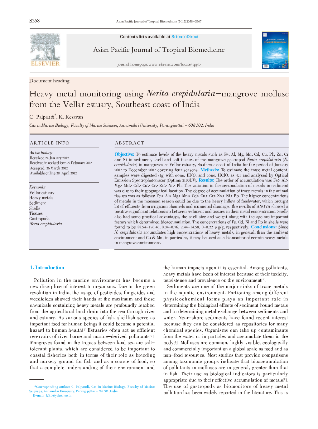 Heavy metal monitoring using Nerita crepidularia-mangrove mollusc from the Vellar estuary, Southeast coast of India