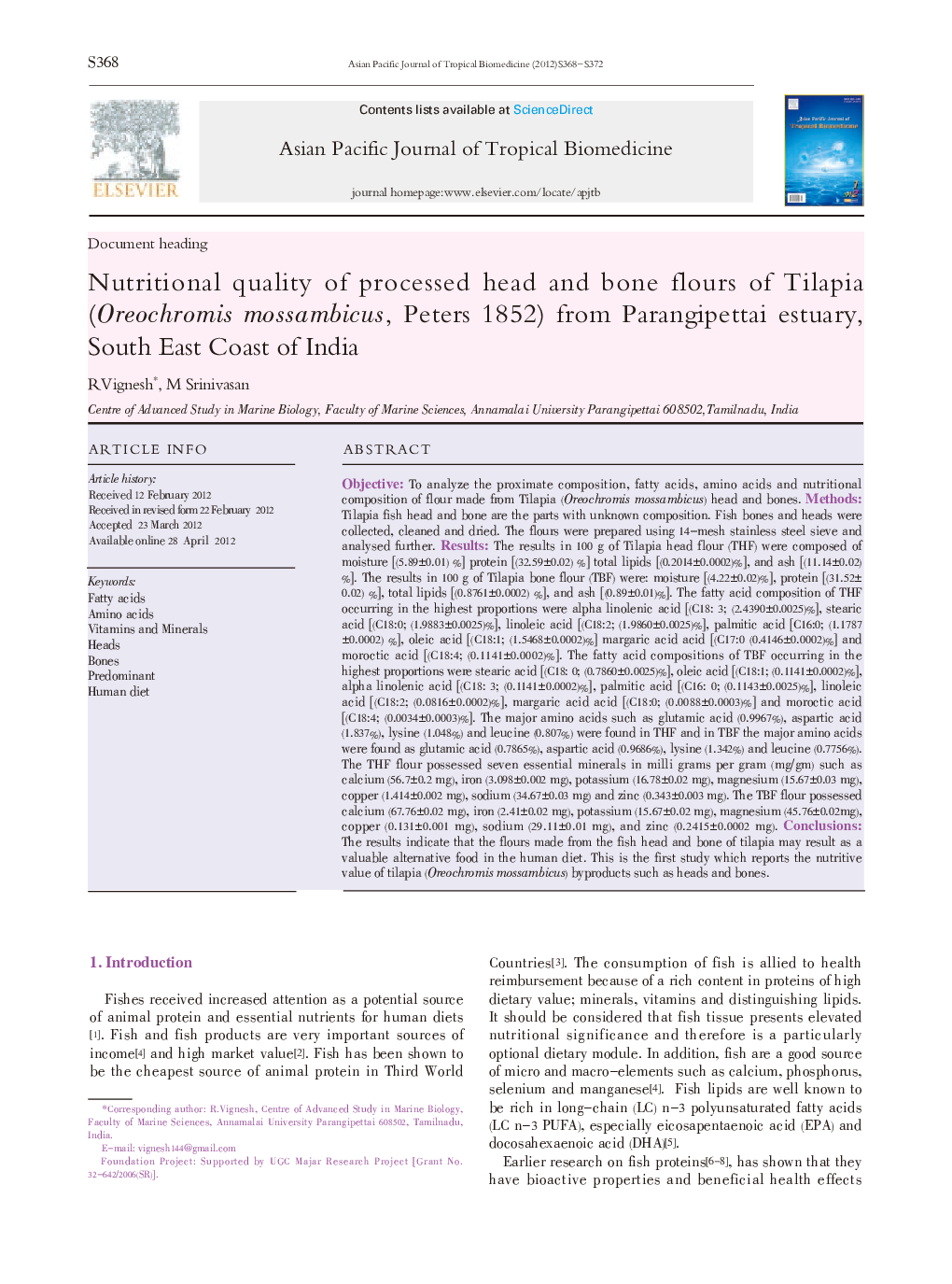 Nutritional quality of processed head and bone flours of Tilapia (Oreochromis mossambicus, Peters 1852) from Parangipettai estuary, South East Coast of India