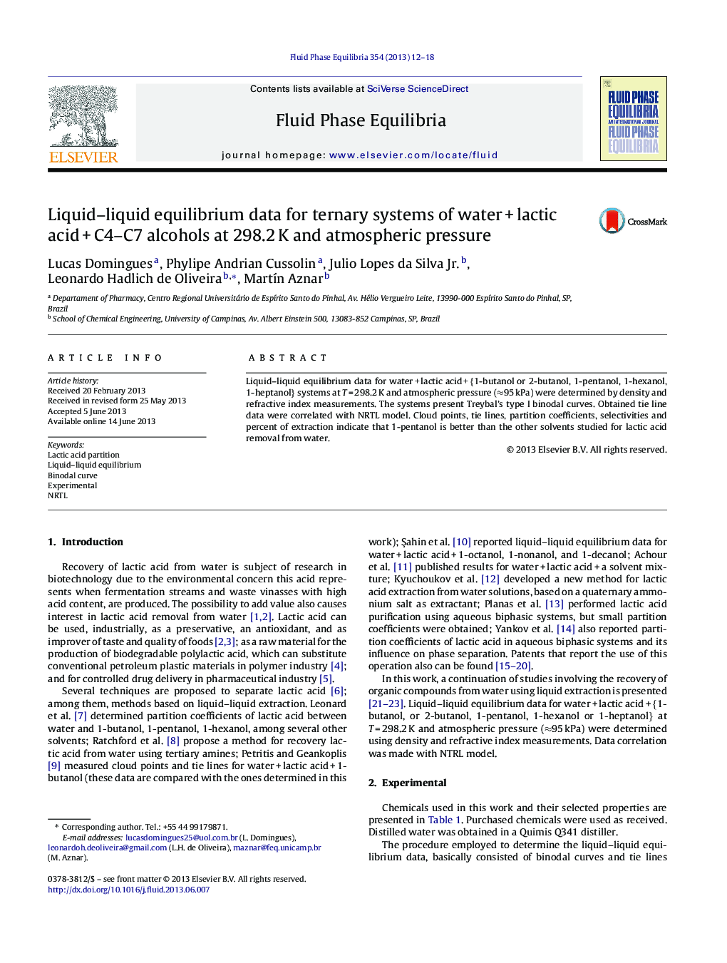 Liquid–liquid equilibrium data for ternary systems of water + lactic acid + C4–C7 alcohols at 298.2 K and atmospheric pressure