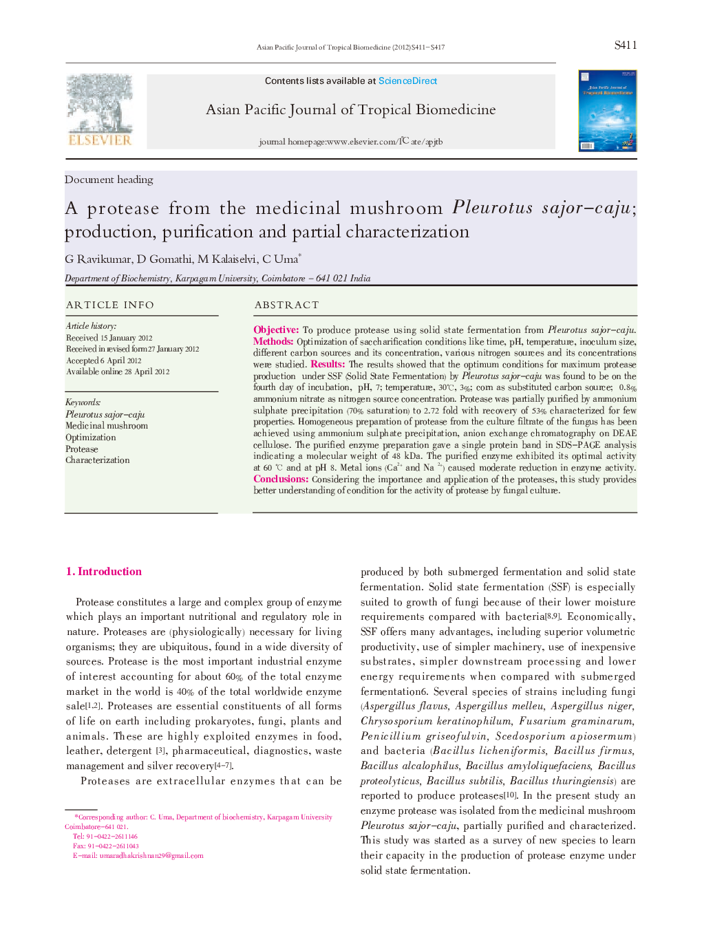 A protease from the medicinal mushroom Pleurotus sajor-caju; production, purification and partial characterization