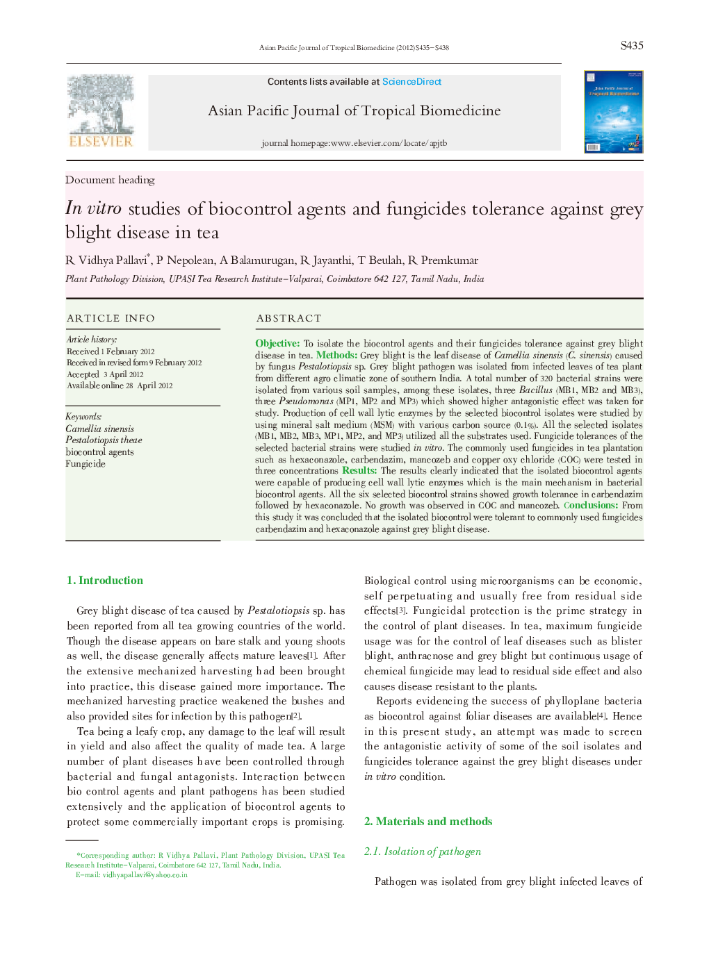 In vitro studies of biocontrol agents and fungicides tolerance against grey blight disease in tea