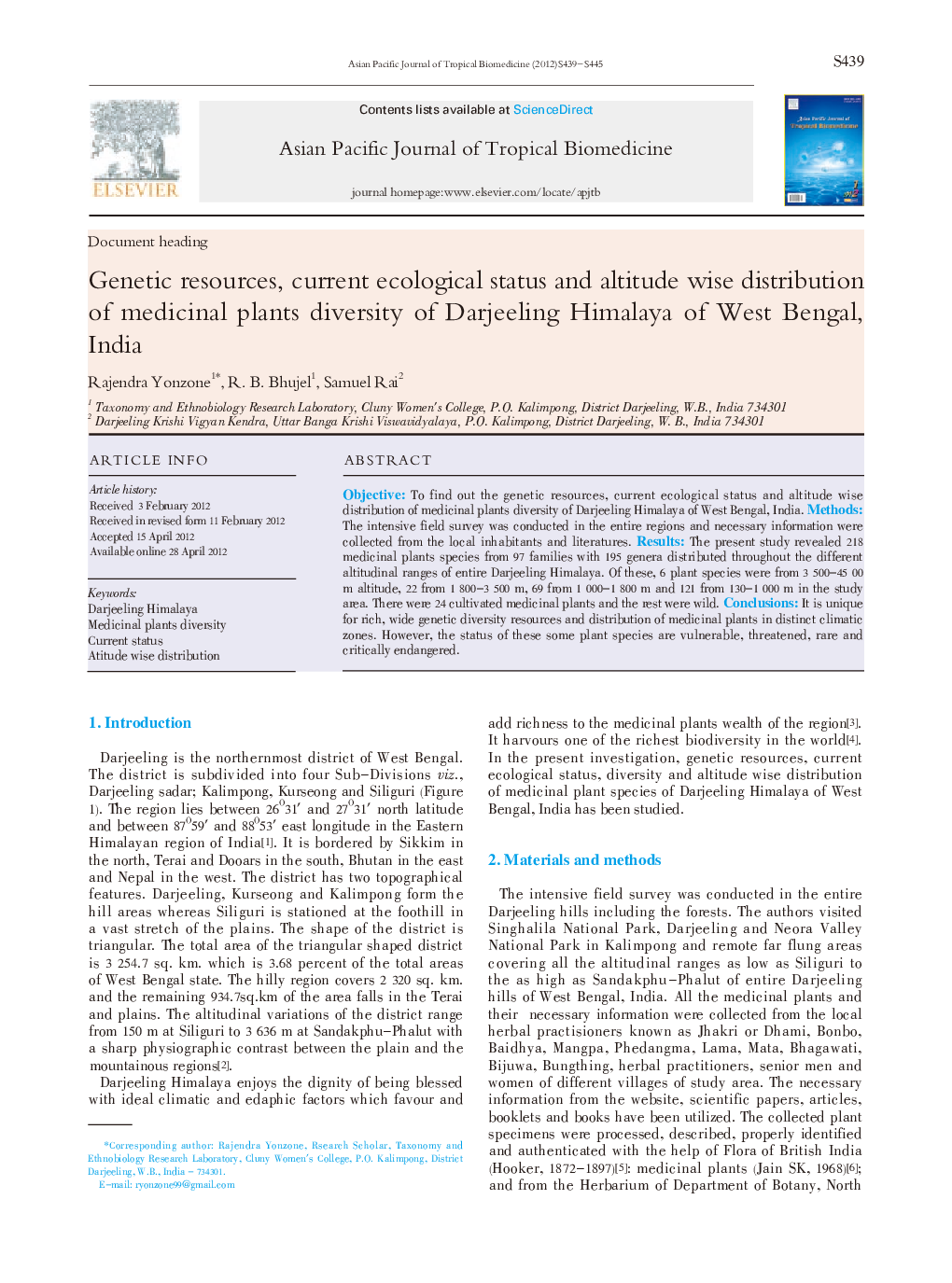 Genetic resources, current ecological status and altitude wise distribution of medicinal plants diversity of Darjeeling Himalaya of West Bengal, India