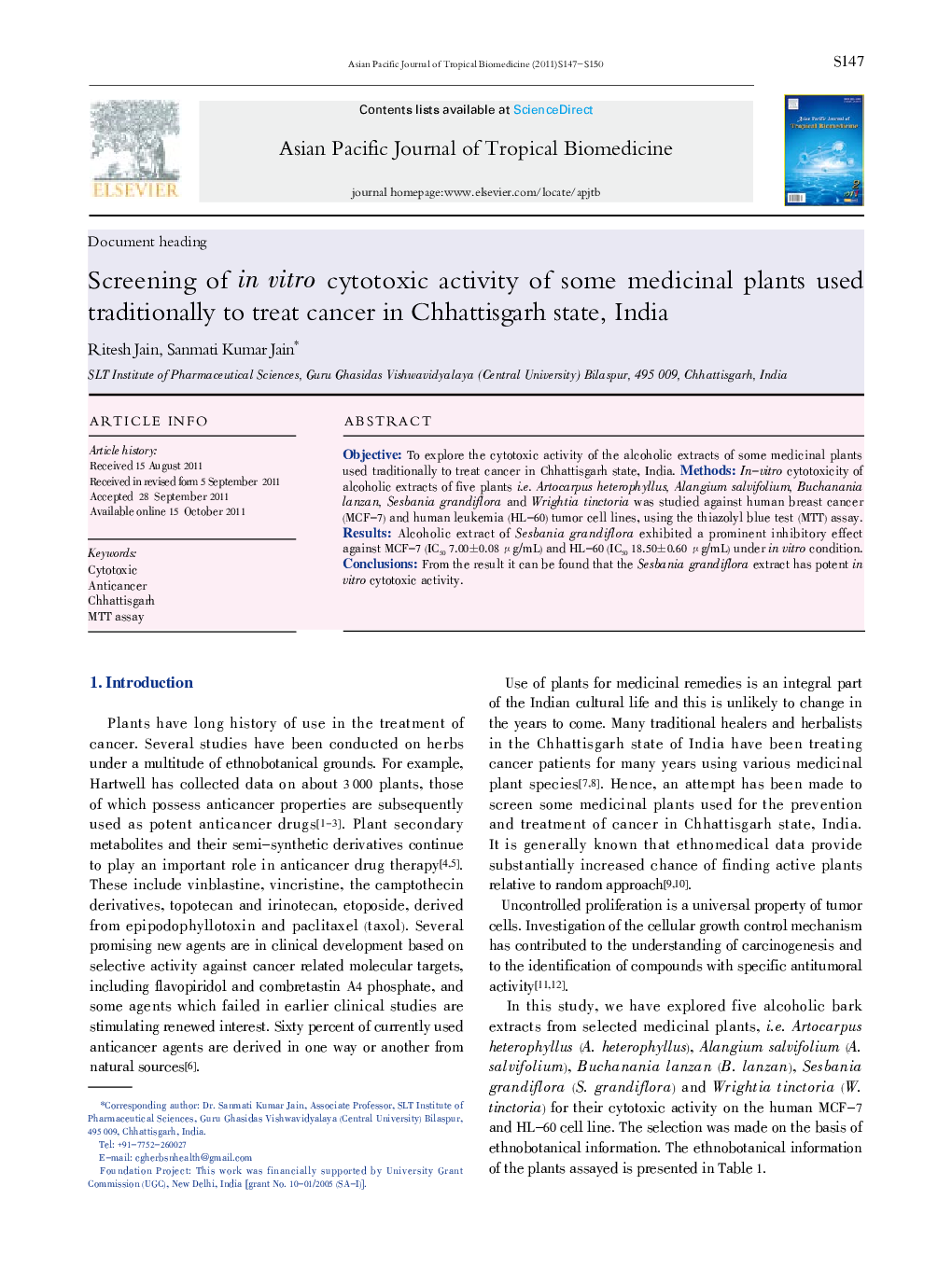 Screening of in vitro cytotoxic activity of some medicinal plants used traditionally to treat cancer in Chhattisgarh state, India