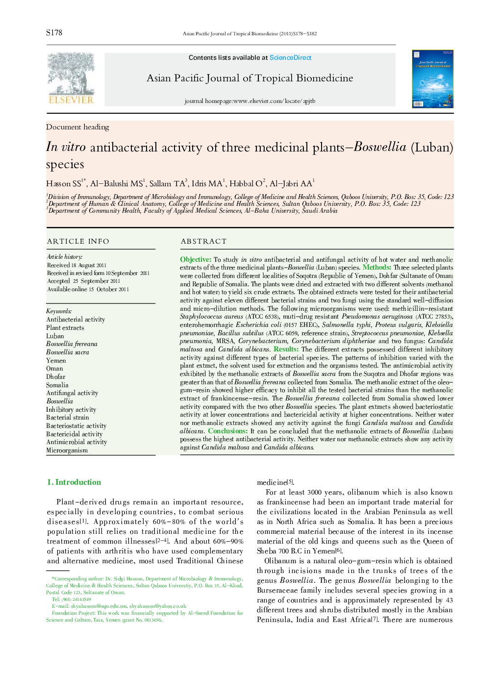In vitro antibacterial activity of three medicinal plants-Boswellia (Luban) species
