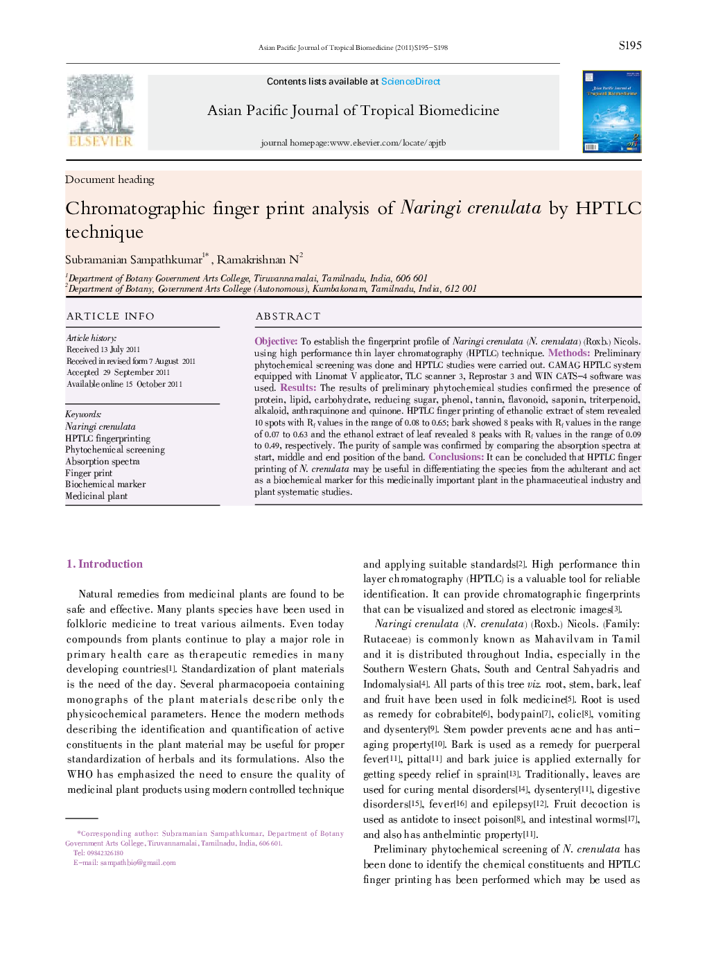 Chromatographic finger print analysis of Naringi crenulata by HPTLC technique