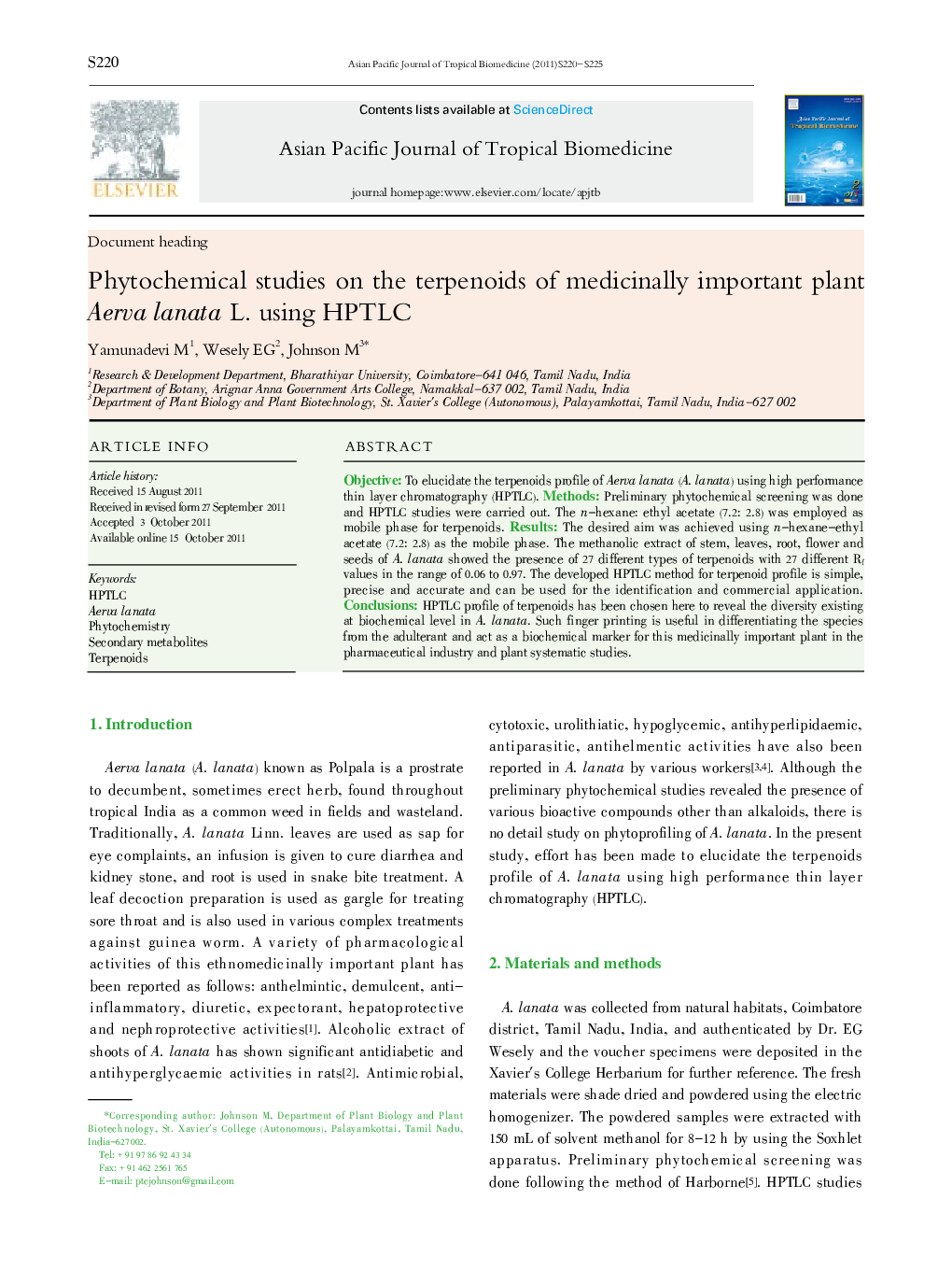 Phytochemical studies on the terpenoids of medicinally important plant Aerva lanata L. using HPTLC