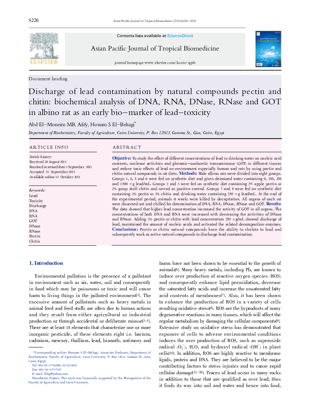 Discharge of lead contamination by natural compounds pectin and chitin: biochemical analysis of DNA, RNA, DNase, RNase and GOT in albino rat as an early bio-marker of lead-toxicity