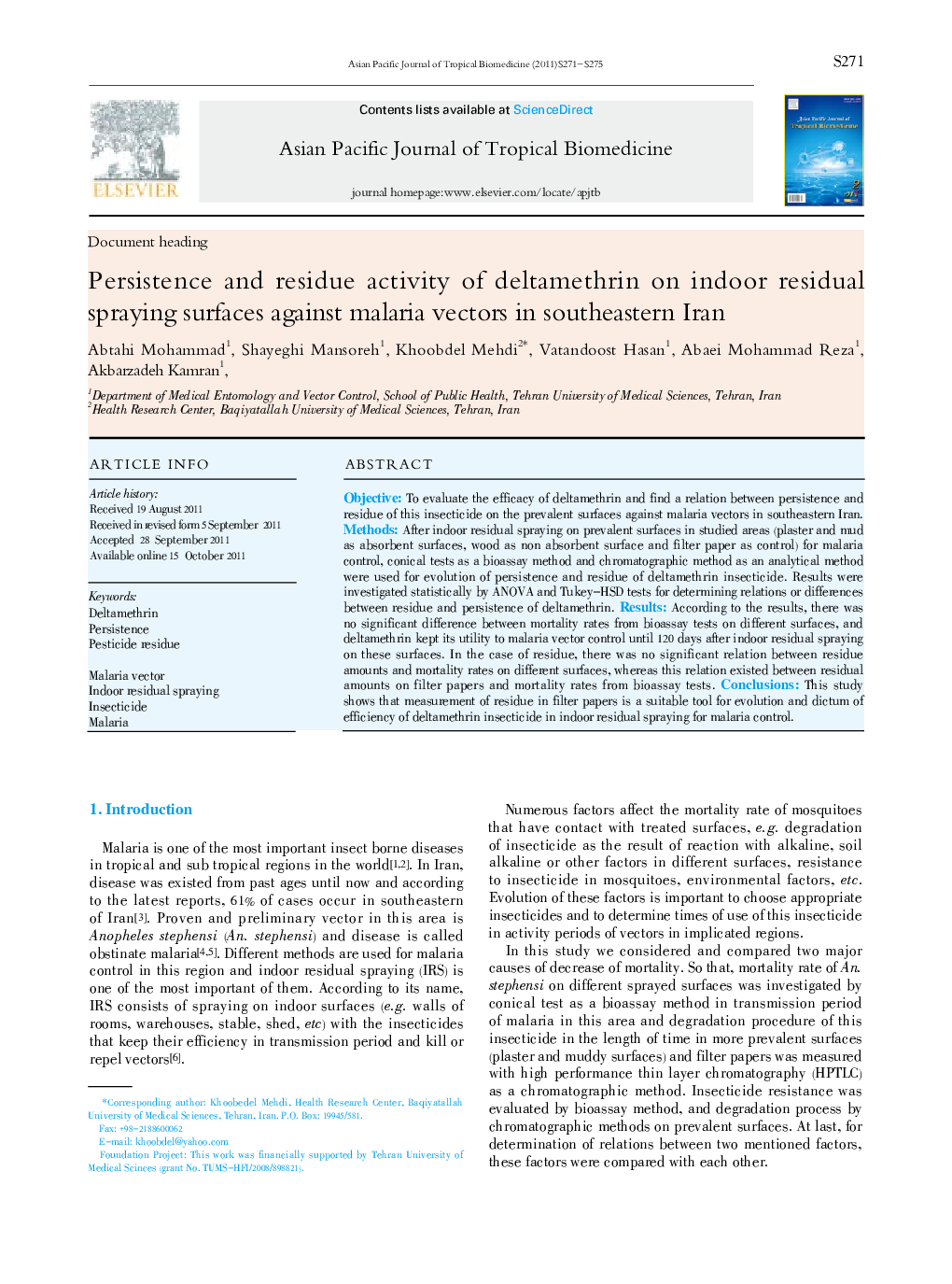 Persistence and residue activity of deltamethrin on indoor residual spraying surfaces against malaria vectors in southeastern Iran