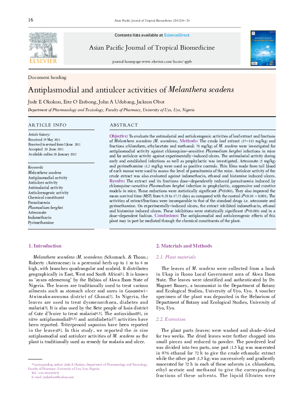 Antiplasmodial and antiulcer activities of Melanthera scadens