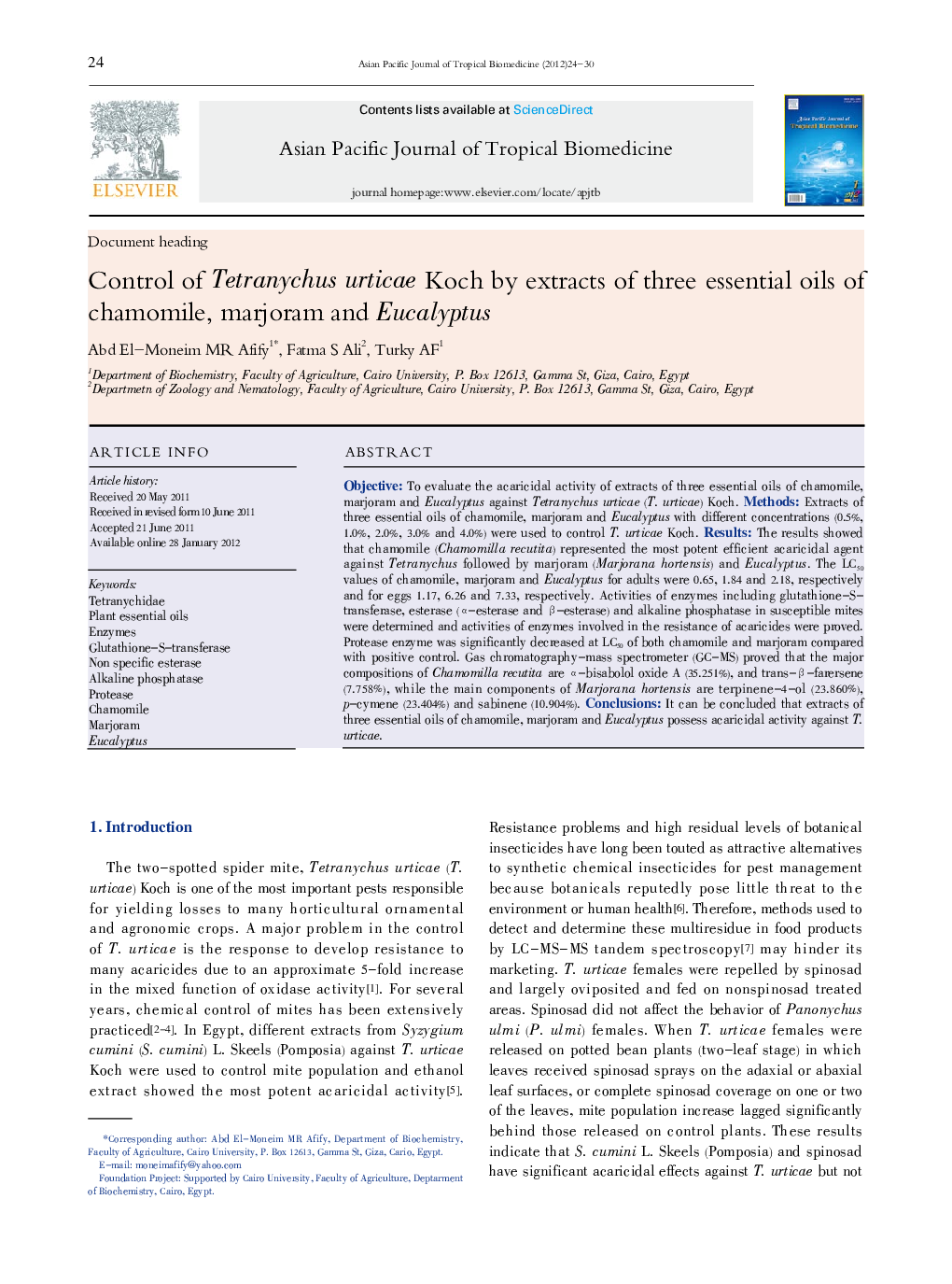 Control of Tetranychus urticae Koch by extracts of three essential oils of chamomile, marjoram and Eucalyptus