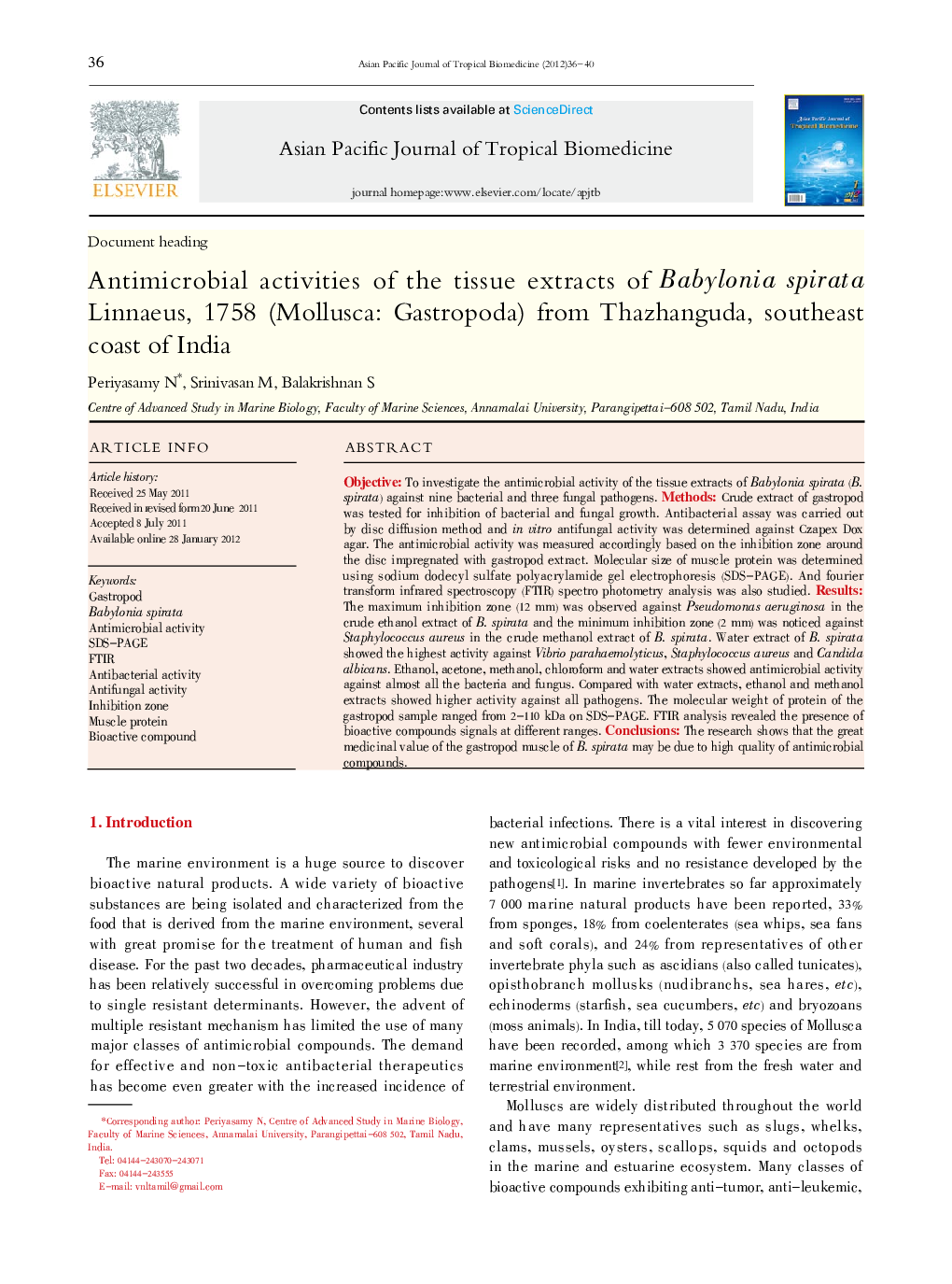 Antimicrobial activities of the tissue extracts of Babylonia spirata Linnaeus, 1758 (Mollusca: Gastropoda) from Thazhanguda, southeast coast of India