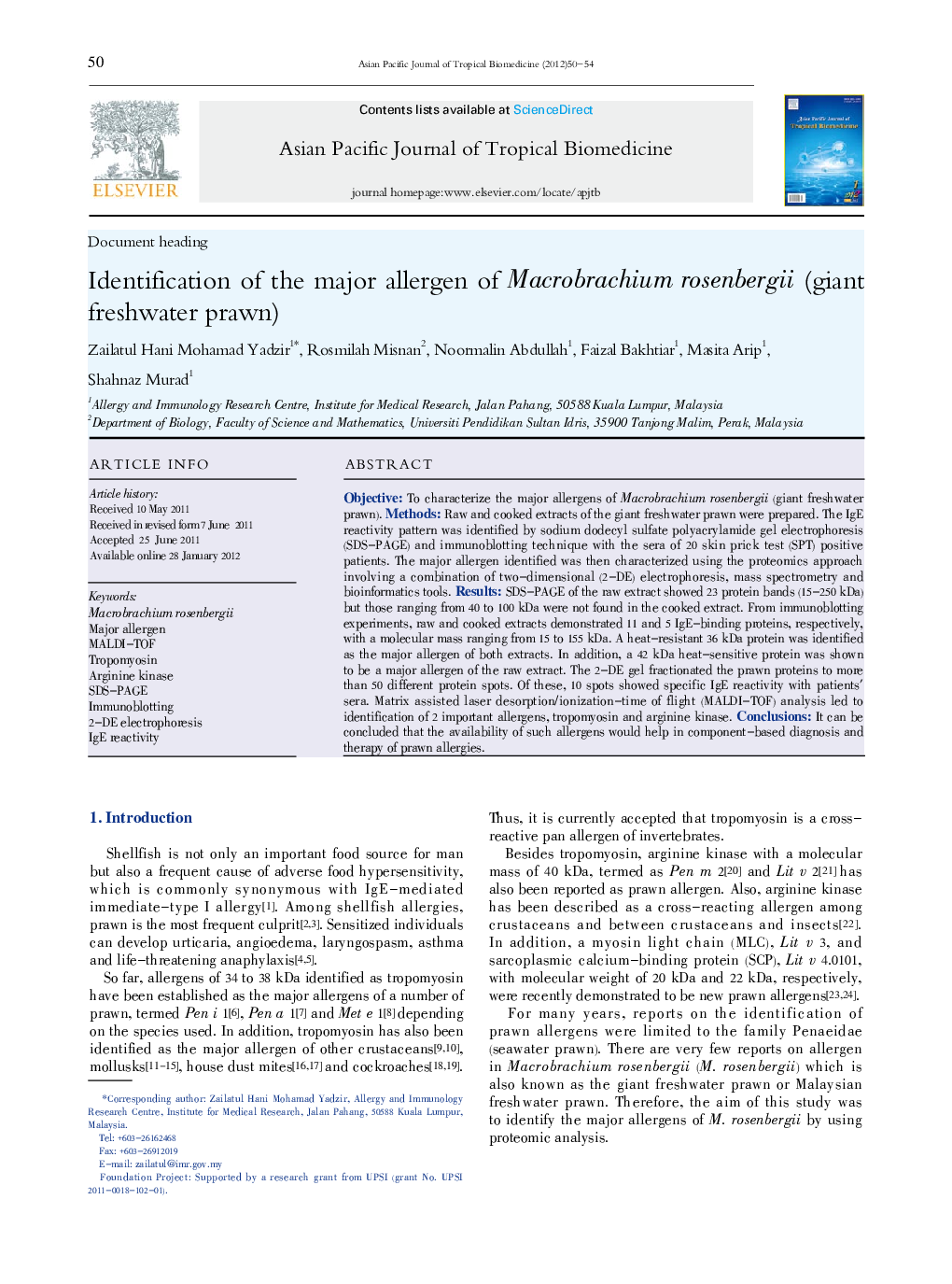 Identification of the major allergen of Macrobrachium rosenbergii (giant freshwater prawn)