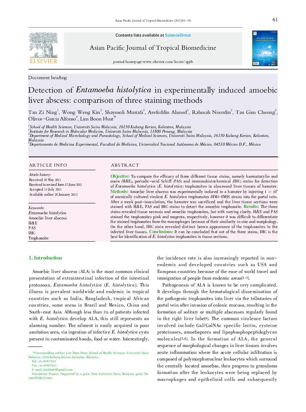 Detection of Entamoeba histolytica in experimentally induced amoebic liver abscess: comparison of three staining methods