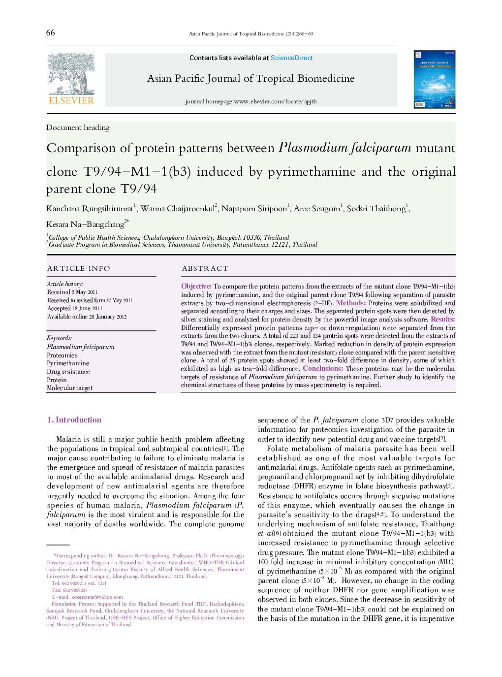 Comparison of protein patterns between Plasmodium falciparum mutant clone T9/94-M1-1(b3) induced by pyrimethamine and the original parent clone T9/94