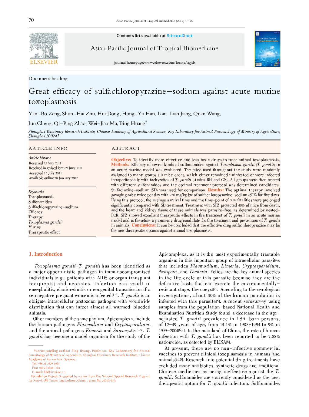 Great efficacy of sulfachloropyrazine-sodium against acute murine toxoplasmosis