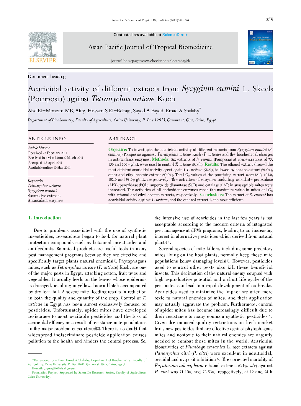 Acaricidal activity of different extracts from Syzygium cumini L. Skeels (Pomposia) against Tetranychus urticae Koch