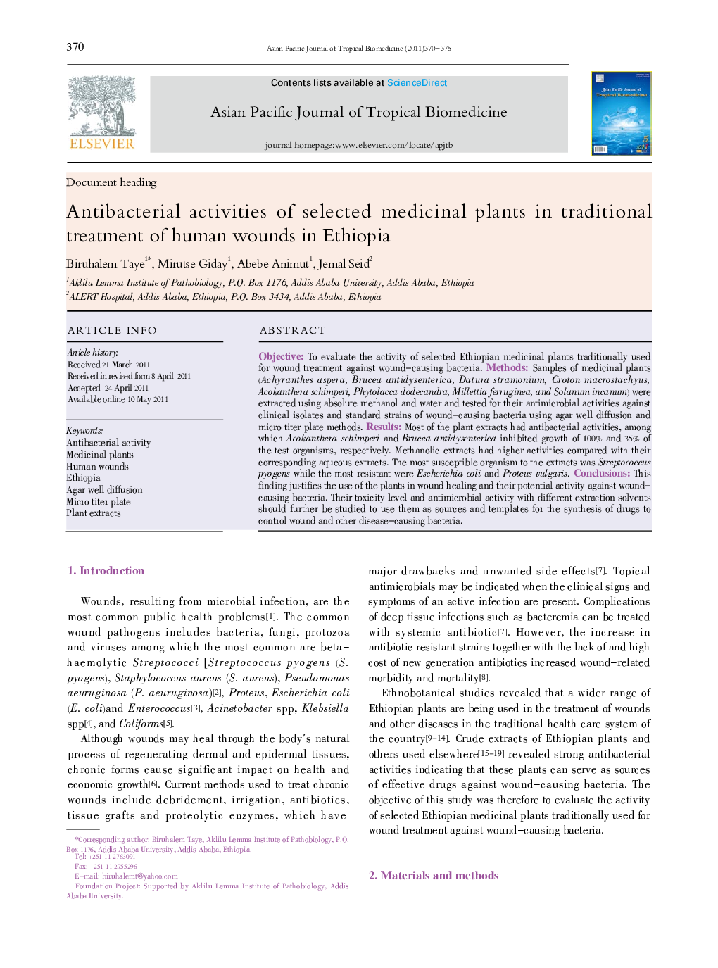 Antibacterial activities of selected medicinal plants in traditional treatment of human wounds in Ethiopia