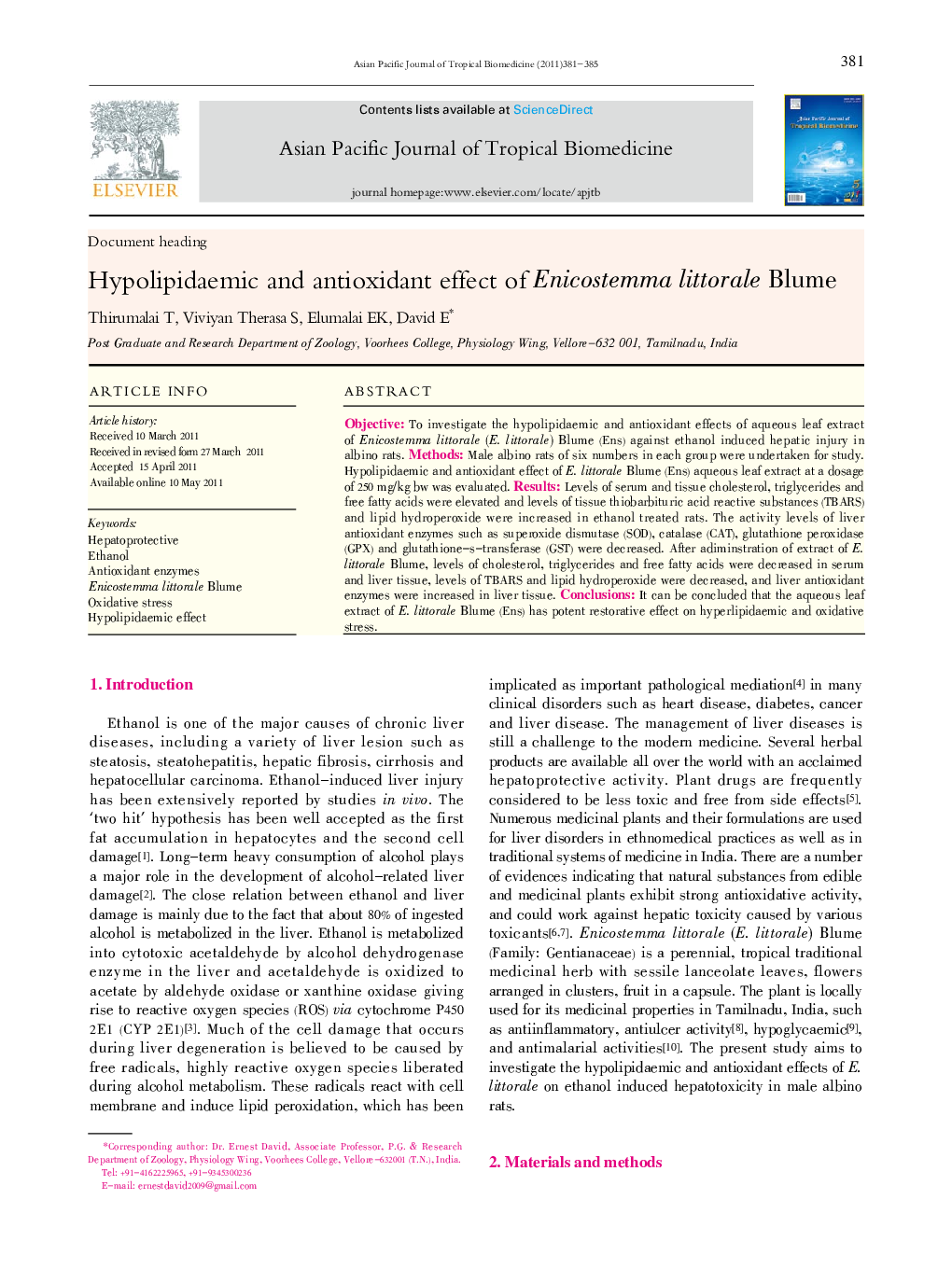 Hypolipidaemic and antioxidant effect of Enicostemma littorale Blume