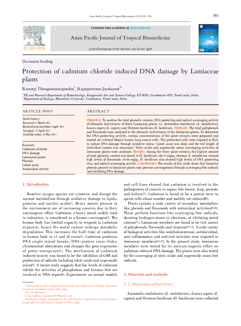 Protection of cadmium chloride induced DNA damage by Lamiaceae plants