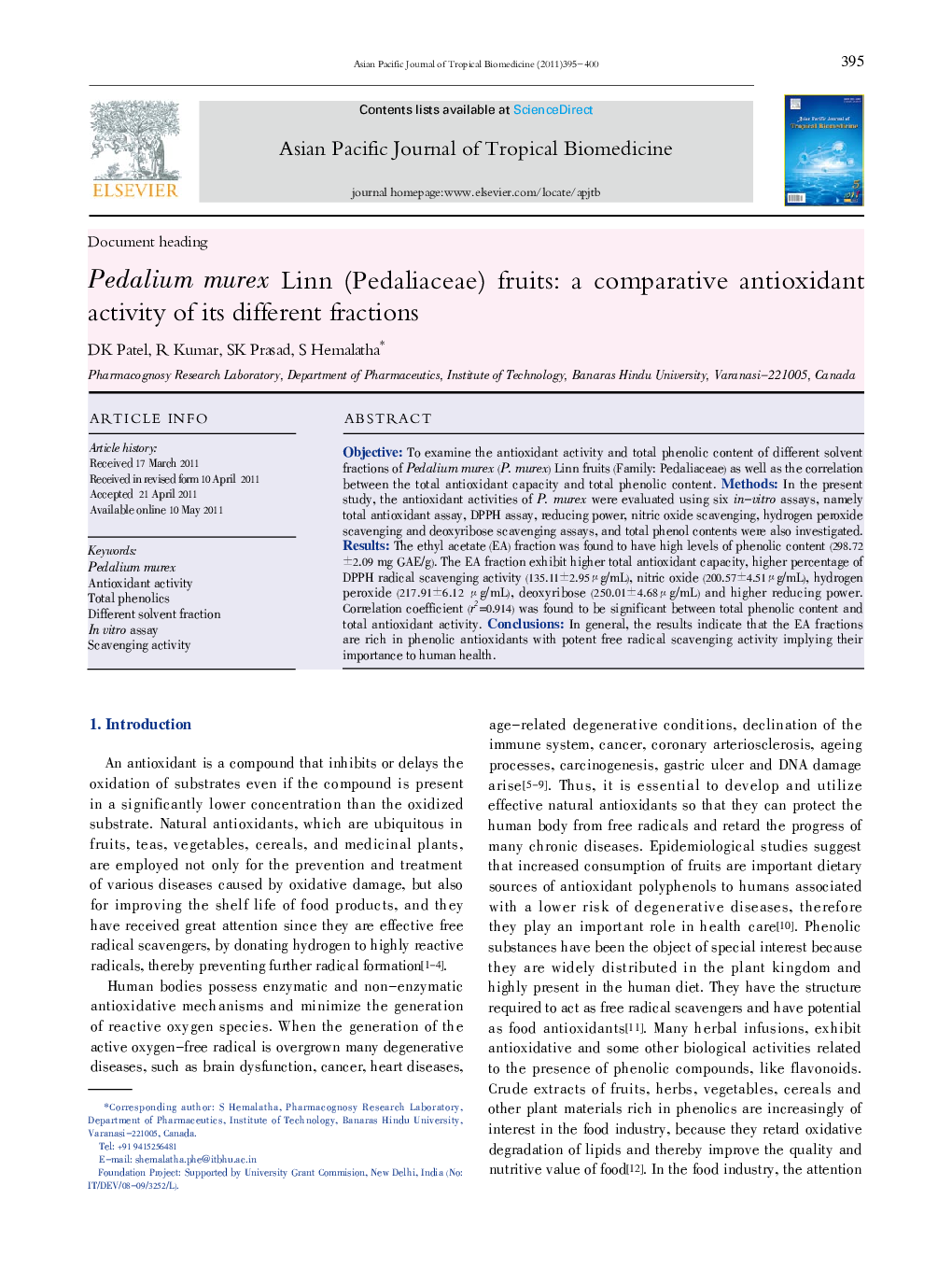 Pedalium murex Linn (Pedaliaceae) fruits: a comparative antioxidant activity of its different fractions