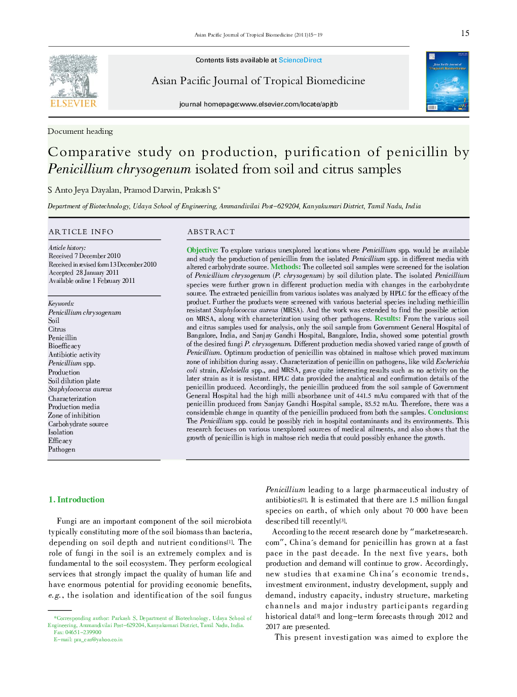 Comparative study on production, purification of penicillin by Penicillium chrysogenum isolated from soil and citrus samples