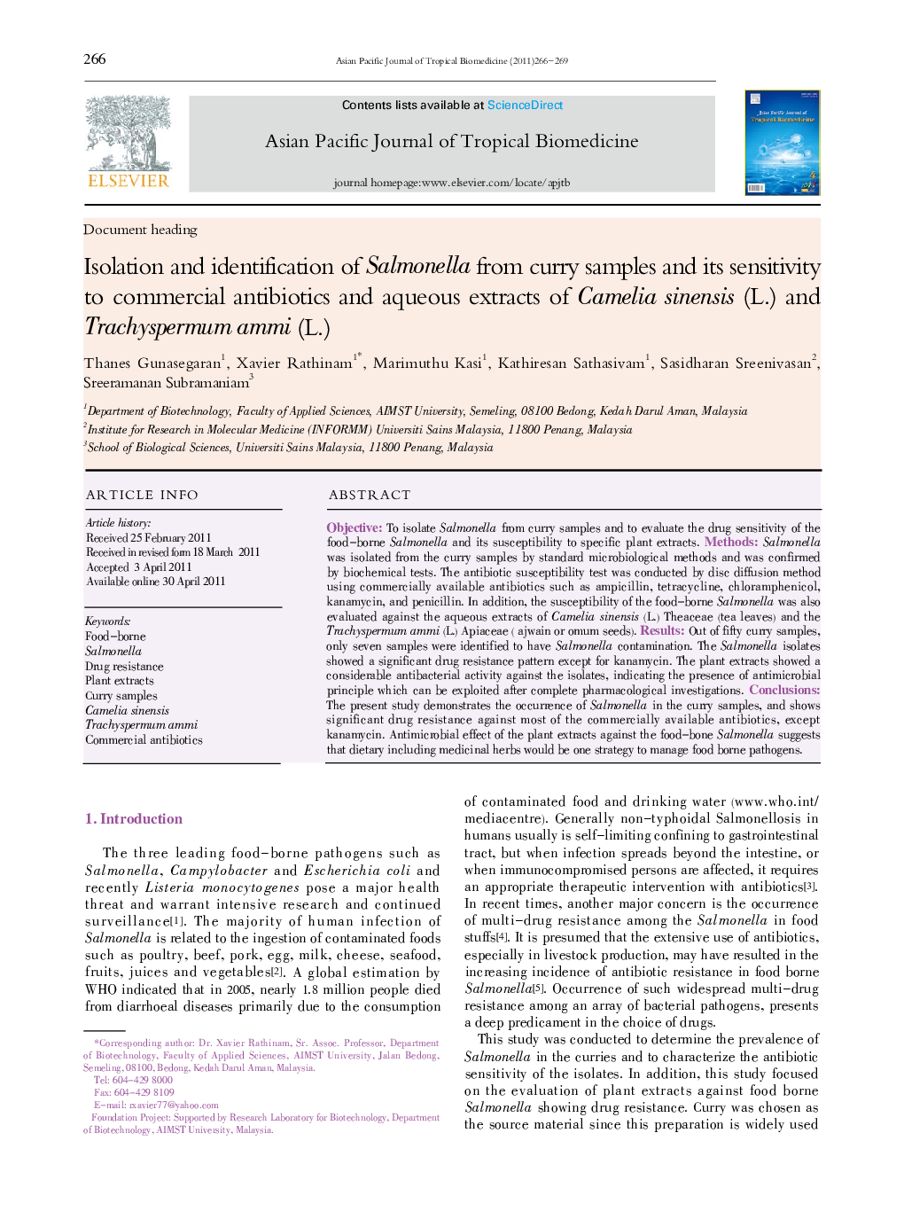 Isolation and identification of Salmonella from curry samples and its sensitivity to commercial antibiotics and aqueous extracts of Camelia sinensis (L.) and Trachyspermum ammi (L.)