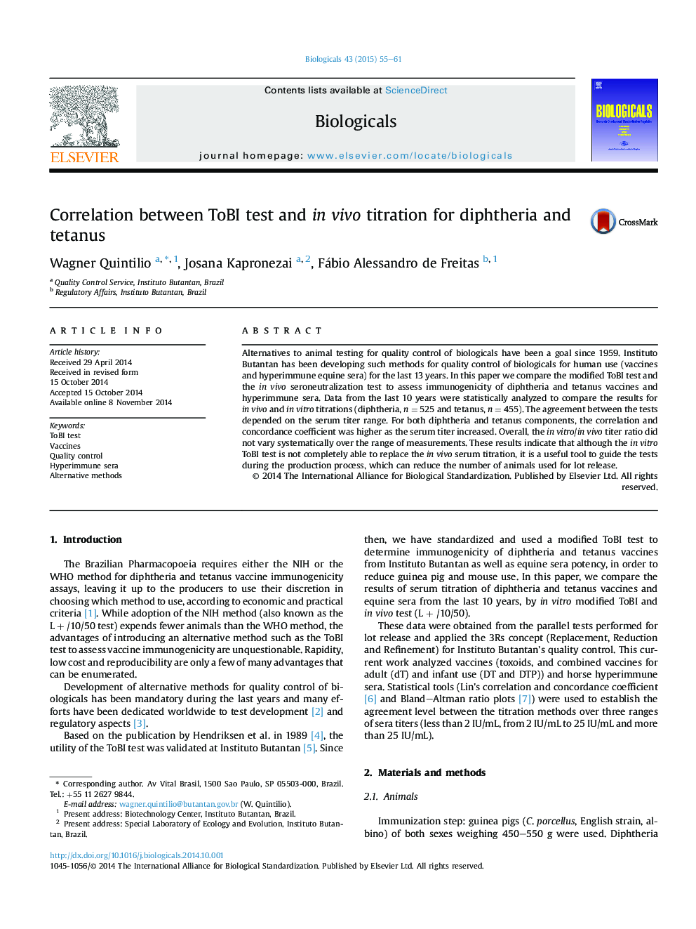 Correlation between ToBI test and in vivo titration for diphtheria and tetanus