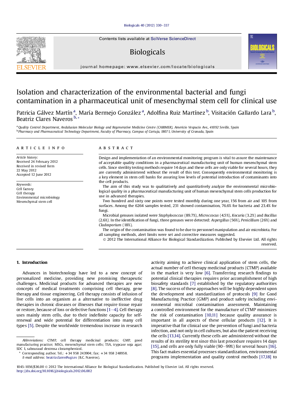 Isolation and characterization of the environmental bacterial and fungi contamination in a pharmaceutical unit of mesenchymal stem cell for clinical use