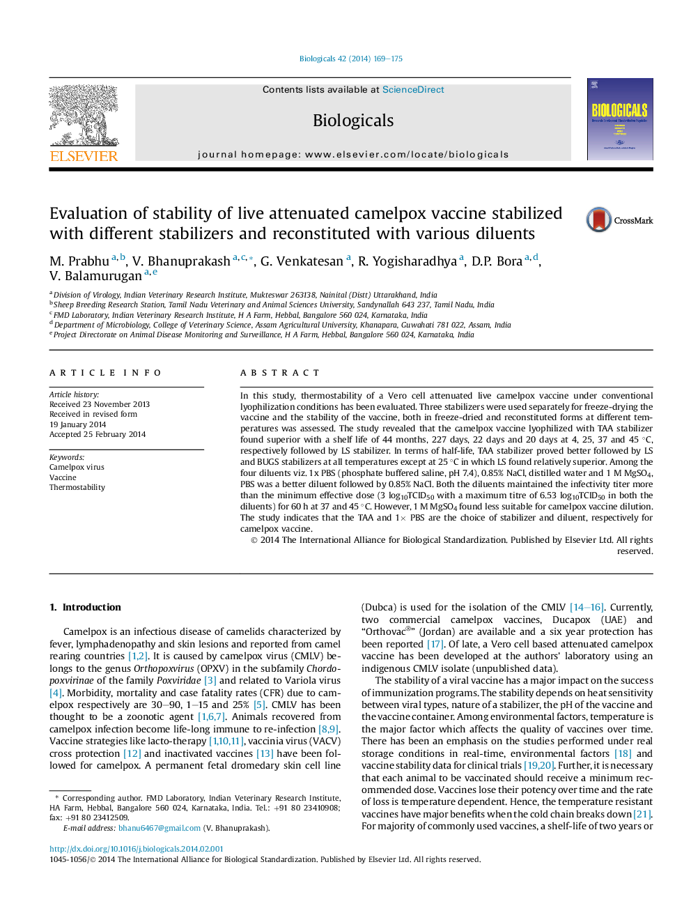 Evaluation of stability of live attenuated camelpox vaccine stabilized with different stabilizers and reconstituted with various diluents