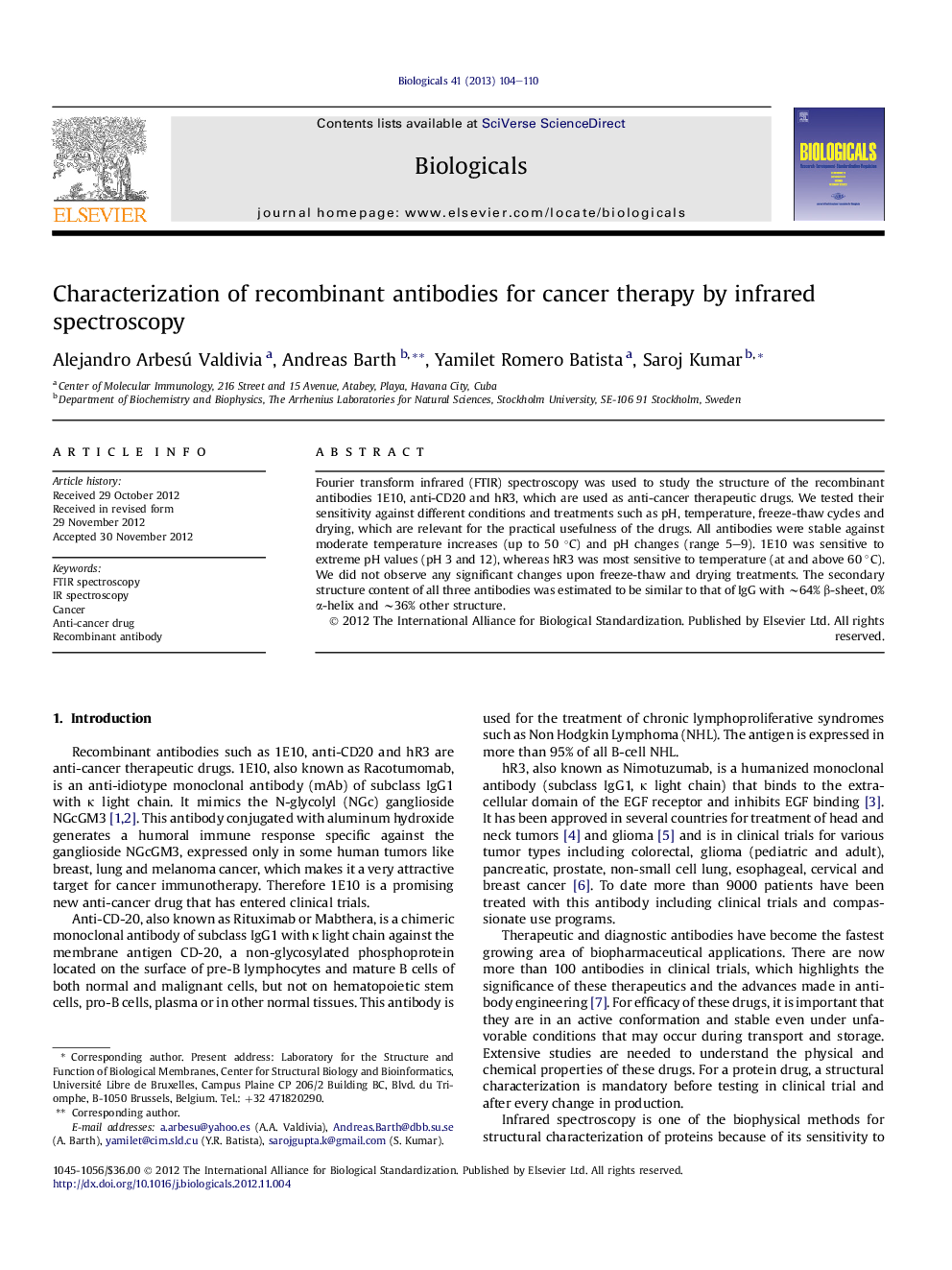 Characterization of recombinant antibodies for cancer therapy by infrared spectroscopy