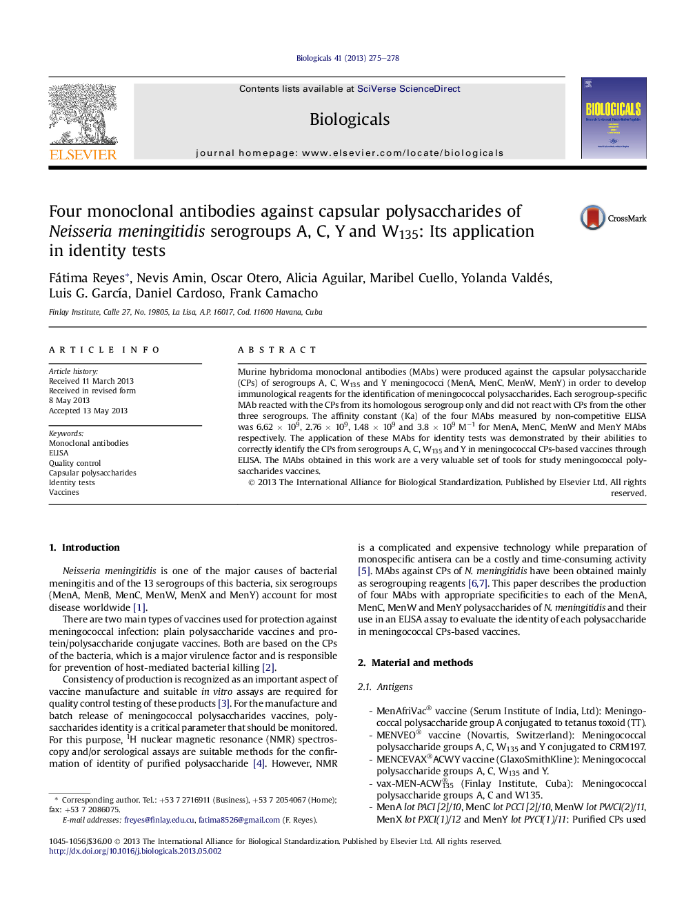 Four monoclonal antibodies against capsular polysaccharides of Neisseria meningitidis serogroups A, C, Y and W135: Its application in identity tests