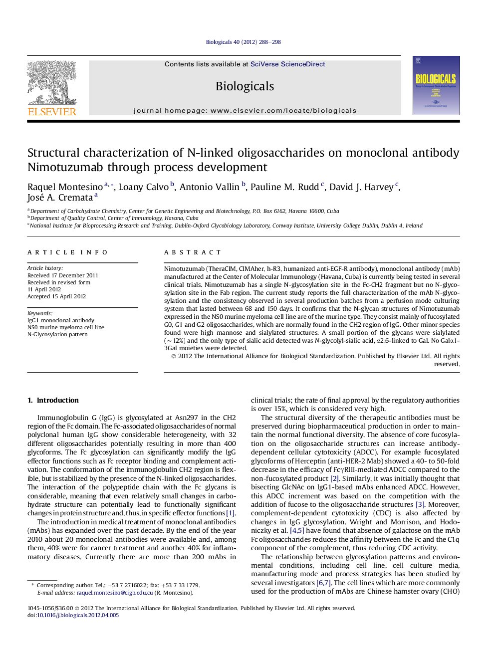 Structural characterization of N-linked oligosaccharides on monoclonal antibody Nimotuzumab through process development